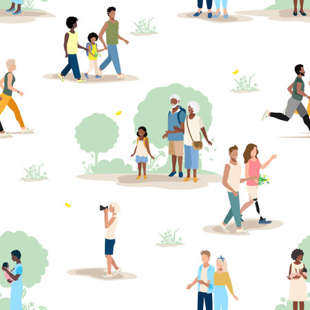 People of different ages and nationalities on a walk in the park. Families with children, old and young couples, friends spend time together. Seamless pattern. vector background.のイラスト素材