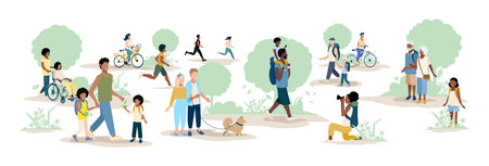 People of different ages and nationalities on a walk in the park. Families with children, old and young couples, friends spend time together. vector horizontal illustration.のイラスト素材