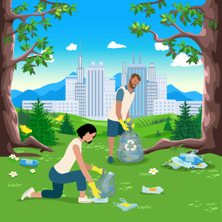 Volunteers man and woman clean up plastic garbage in the city park. Take care of the environment. Sorting, recycling and disposal of waste. Vector illustrationのイラスト素材