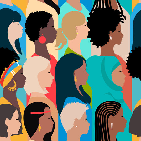 Profiles of beautiful women of different nationalities and cultures stand together. Feminism, women's friendship, equality, women's day, fight for women's rights. Vector seamlessのイラスト素材