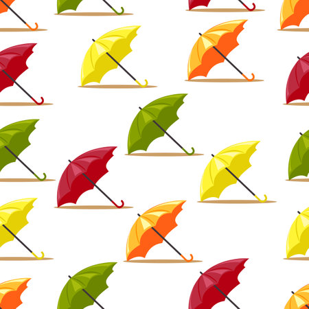 Autumn seamless pattern of yellow, orange, burgundy and green umbrellas. Colors of autumn leaves. Autumn image. Vector seamless backgroundのイラスト素材