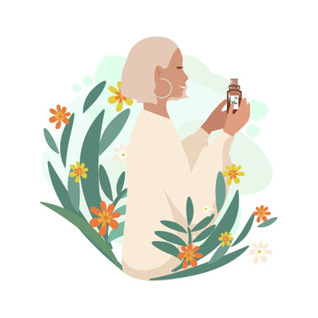 Beautiful girl holds a vial of medicinal herbs, aromatic oils or herbal tinctures in her hands. Alternative medicine vector background for advertising, flyers, social networks andのイラスト素材