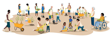 People of different ages and nationalities plant seedlings in the park. Work in the garden. Green Planet. Take care of the environment. Vector illustration on a white background.のイラスト素材