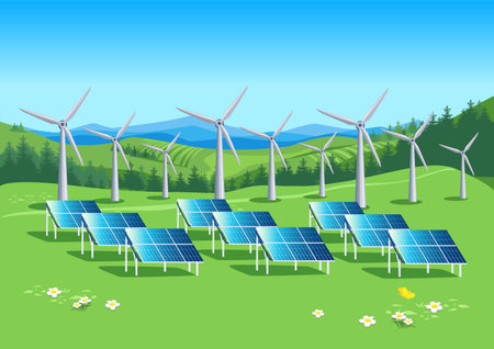 Wind generators and solar panels against the backdrop of a beautiful landscape. Green energy. Protection of ecology and environment. Horizontal vector illustration.のイラスト素材