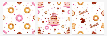 Set of seamless pattern of confectionery products. Delicious and sweet background. Candy land Chocolate and pastries. Vector background in cartoon style.のイラスト素材