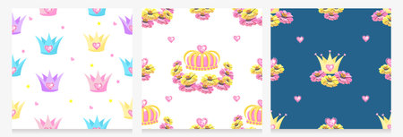 Seamless pattern for a beautiful princess. Vector patern with princess crown or tiara with heart shaped ornament. Set.のイラスト素材