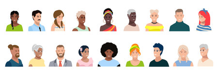 Portraits of happy men and women of different ages and races. Diversity of images and expressions of...