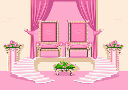 Throne room with a pink throne for a beautiful princess, decorated with pink heart-shaped gemstones. Interior of the princess's castle. Vector illustration of a fairytale throne roのイラスト素材