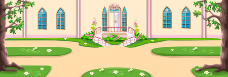 The door to the beautiful pink castle of the beautiful princess is decorated with heart-shaped jewels, windows and beautiful flower beds. Vector illustration of fairy tale architecのイラスト素材