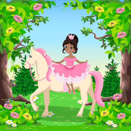 A beautiful princess riding a white horse with a pink mane walks in a fairy forest. Fairy tale vector illustration on the background of a beautiful landscape.のイラスト素材