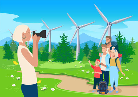 A family with children is photographed against the backdrop of wind generators by the road near a...