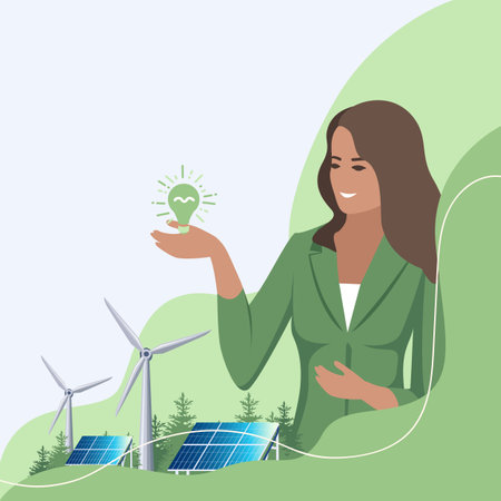 Wind generators and solar panels on an abstract green background. Green energy image. Protection of ecology and environment. Vector illustration with empty space for text.のイラスト素材