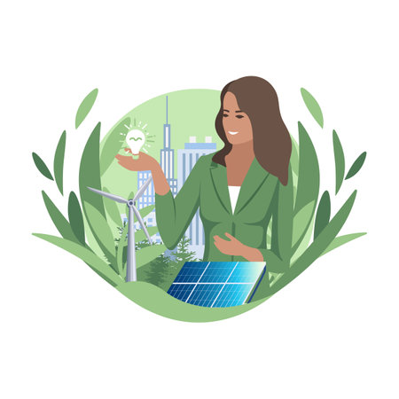 Wind generators and solar panels on an abstract green background. Green energy image. Protection of ecology and environment. Vector illustration.のイラスト素材