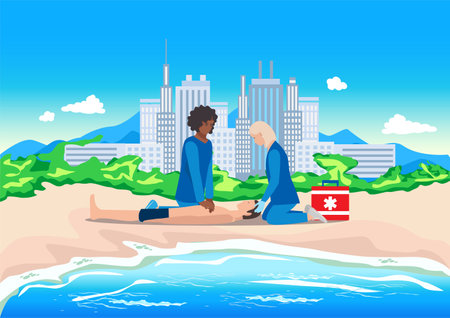 A professional team of paramedics provides assistance to a patient. Ambulance, emergency medical care. Thanks to the doctors and nurses. Urgent hospitalization. Vector illustrationのイラスト素材