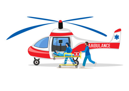 A professional team of paramedics delivers a patient by helicopter to the hospital. Ambulance, emergency medical care. Thanks to the doctors and nurses. Urgent hospitalization. Vecのイラスト素材