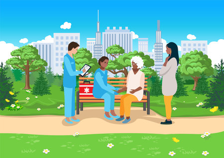 A professional team of paramedics provides assistance to a patient. Ambulance, emergency medical care. Thanks to the doctors and nurses. Urgent hospitalization. Vector illustrationのイラスト素材