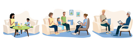 People of different ages and races at a therapeutic session in a psychologist's office. Consulting, training, problem solving and psychological assistance. Vector set illustrationのイラスト素材