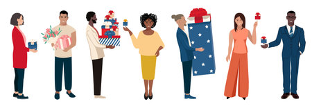 Happy men and women with gifts in their hands. A set of vector illustrations of friendly men in a simple style. Shopping, sale and holiday greetings.のイラスト素材