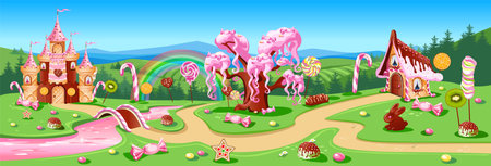 Cake castle, candy tree and gingerbread house in candy land. Confectionery Fairytale land sweet background. Vector illustration.のイラスト素材