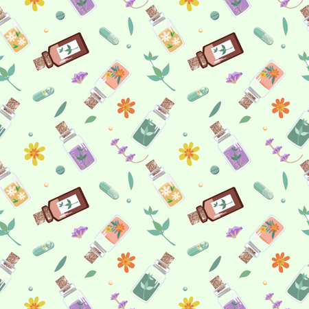 Seamless background of bottles and capsules with medicinal herbs, aromatic oils, herbal tinctures. Herbal medicine. Alternative medicine. Vector illustration for advertising, flyerのイラスト素材