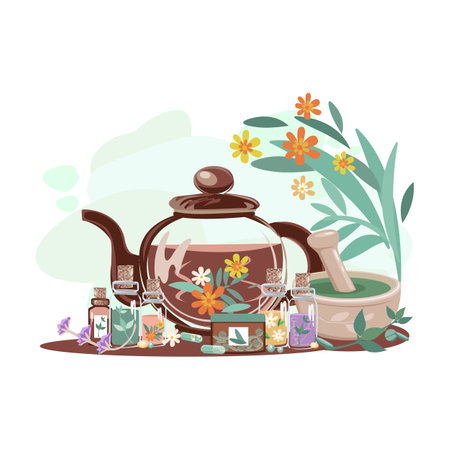 Composition of bottles with medicinal herbs, aromatic oils, herbal tinctures and vitamin tea. Herbal medicine. Alternative medicine. Vector illustration for advertising, flyers andのイラスト素材
