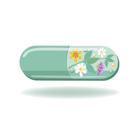 Green capsule with medicinal herbs in flat style. Herbal medicine image. Alternative medicine. Healthy lifestyle. Vector illustration for advertising, flyers and social networks.のイラスト素材