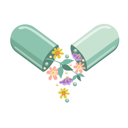 Green capsule with medicinal herbs in flat style. Herbal medicine image. Alternative medicine. Healthy lifestyle. Vector illustration for advertising, flyers and social networks.のイラスト素材