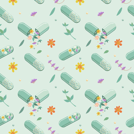 Seamless background of bottles and capsules with medicinal herbs, aromatic oils, herbal tinctures. Herbal medicine. Alternative medicine. Vector illustration for advertising, flyerのイラスト素材