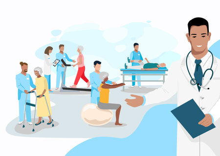 The doctor shows how elderly patients undergo orthopedic rehabilitation with a physiotherapist. Rehabilitation of the elderly. Restoring health after illness and injury. Flat vectoのイラスト素材