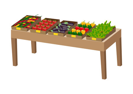 Counter with different vegetables in boxes. Growing and selling vegetables. Organic gardening and food. Vegetarianism and healthy eating. Vector illustration isolated on white backのイラスト素材