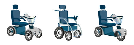 Set of three wheelchairs with electric motor. Rehabilitation and adaptation of people with disabilities. Vector illustration on a white background.のイラスト素材