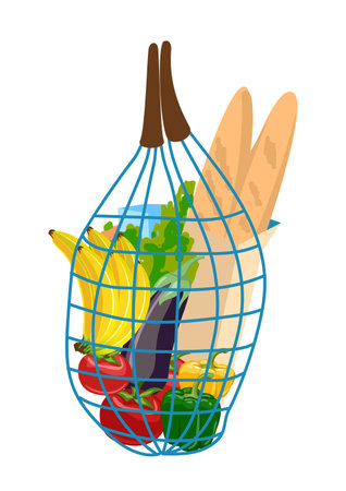 String bag with groceries. Bread, milk and vegetables in an eco-friendly bag. Vector illustration on a white background.のイラスト素材