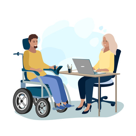 Happy young man in a motorized wheelchair talking to a friendly HR manager. Job interview. Rehabilitation and adaptation of people with disabilities. Vector illustration.のイラスト素材