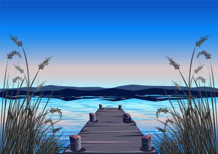 An old wooden pier in the reeds against the backdrop of a beautiful sunset. Horizontal vector illustration of beautiful nature.のイラスト素材