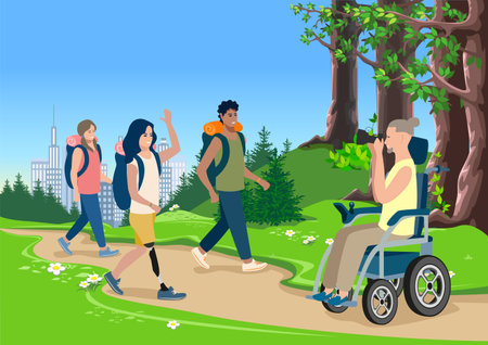 Happy young man in an electric wheelchair walking outside the city with his friends. Rehabilitation and adaptation of people with disabilities. Vector illustration.のイラスト素材