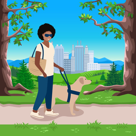 Happy blind girl with a guide dog walks in a city park. Rehabilitation and adaptation of people with disabilities. Vector illustration in flat style.のイラスト素材