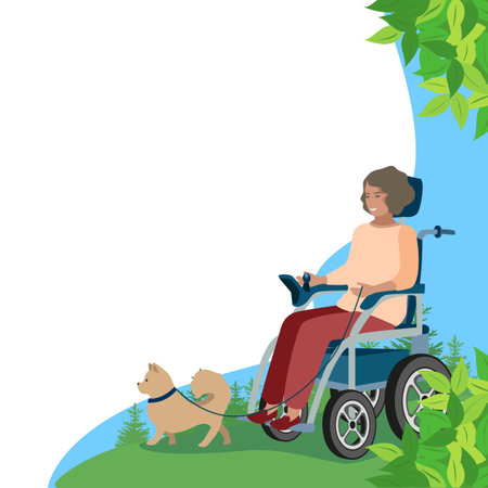 Happy young girl in an electric wheelchair walks with a dog in a city park. Rehabilitation and adaptation of people with disabilities. Vector illustration.のイラスト素材