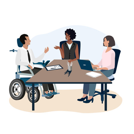 Happy young man in an electric wheelchair in an office at a business meeting. Rehabilitation and adaptation of people with disabilities. Vector illustration.のイラスト素材