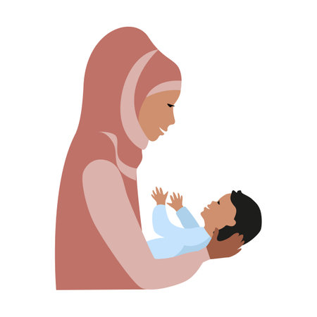 Happy mother playing with her newborn baby. Joy of motherhood. Mother's day. Vector illustration in flat style.のイラスト素材