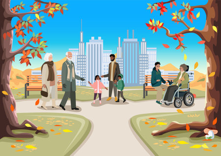 People of different ages and nationalities walk in the autumn park. Families with children, elderly and young couples, friends spend time together. Vector horizontal illustration.のイラスト素材