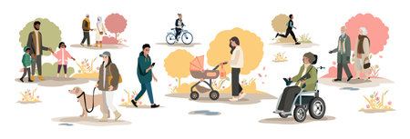 People of different ages and nationalities walk in the autumn park. Families with children, elderly and young couples, friends spend time together. Vector horizontal illustration.のイラスト素材