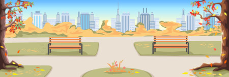 Autumn city park with benches, paths, yellowed trees and fallen leaves against the backdrop of a big city with skyscrapers. Vector illustration of beautiful winter nature.のイラスト素材