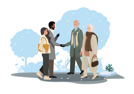 People of different ages and nationalities walk in the autumn park. Families with children, elderly and young couples, friends spend time together. Vector horizontal illustration.のイラスト素材