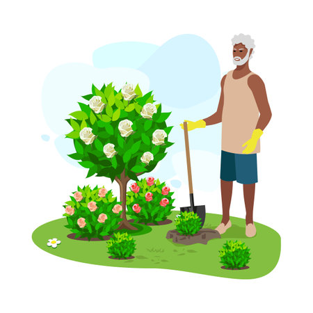 Happy elderly man planting ornamental plants in his garden. Active pensioners. Vector illustration.のイラスト素材