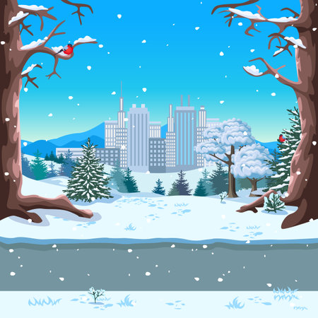 Winter city park with benches, paths, snow-covered trees against the backdrop of a large city with skyscrapers. Vector illustration of beautiful winter nature.のイラスト素材