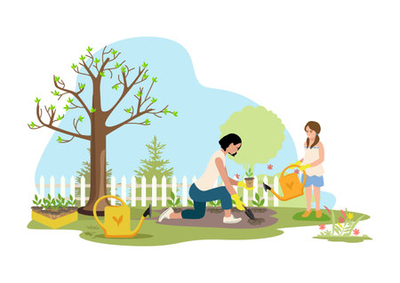 Happy people planting seedlings in their garden. Healthy lifestyle. Agricultural work. Vector illustration.のイラスト素材