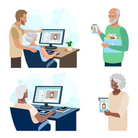 Elderly people order medicines in an online pharmacy. Health and medicine. Ordering medicines through an application on a smartphone, tablet or computer. Home delivery of medicinesのイラスト素材