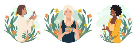 Beautiful woman drinking herbal tea for health. Alternative medicine and herbal medicine. Relax and unwind. Vector illustration setのイラスト素材