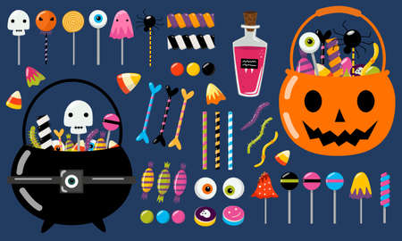 Set of Halloween candies for kids. Collection of vector isolated sweets - lollipops, caramel, marshmallow, marmalade, sugar bones. Halloween trick or treat bucket full of candy (cauldron, pumpkin).のイラスト素材