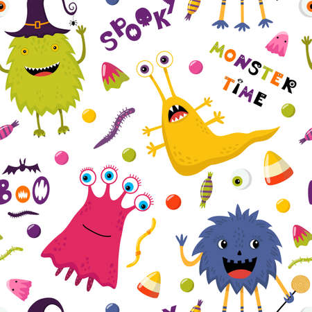 Cute monsters with sweets. Vector seamless pattern. Happy Helloween background for wrapping paper, wallpaper, textile, scrapbooking. Colorful spooky cartoon characters. Trick or treat candies.のイラスト素材